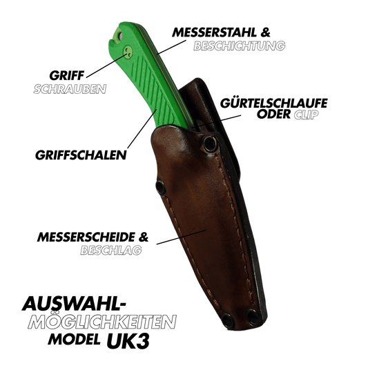 model uk3 personalisiert outdoormesser gürtelmesser mit messerscheide und gravur features