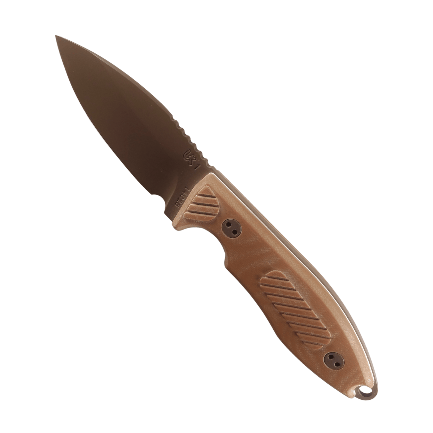 model uk1 braune edition  personalisiert outdoormesser gürtelmesser mit messerscheide und gravur links oben